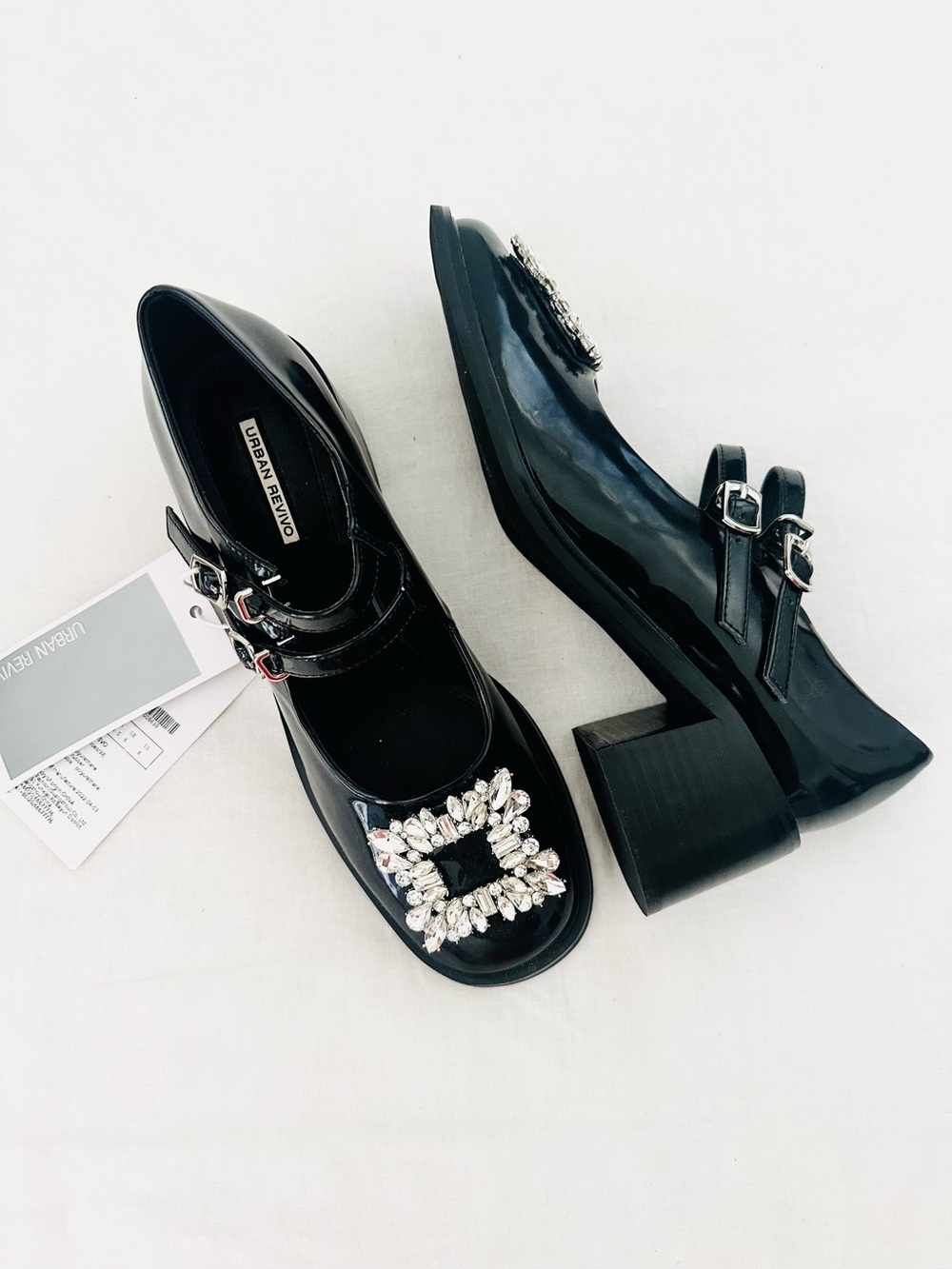 Urban Revivo Black Rhinestone Patent Mary Jane Heels